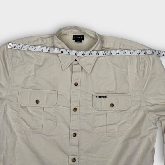 VINTAGE 90s Guess Shirt Mens Large Cream Twill Button Up Logo Casual Classic Fit - Picture 10 of 15